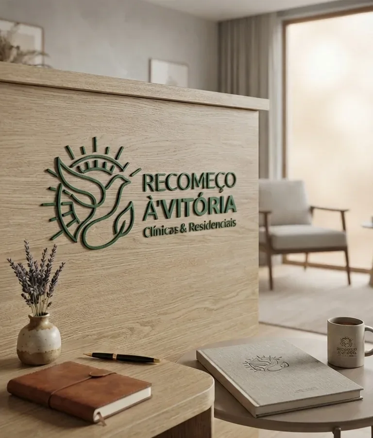 Recepção da clínica com a marca em destaque na parede de madeira